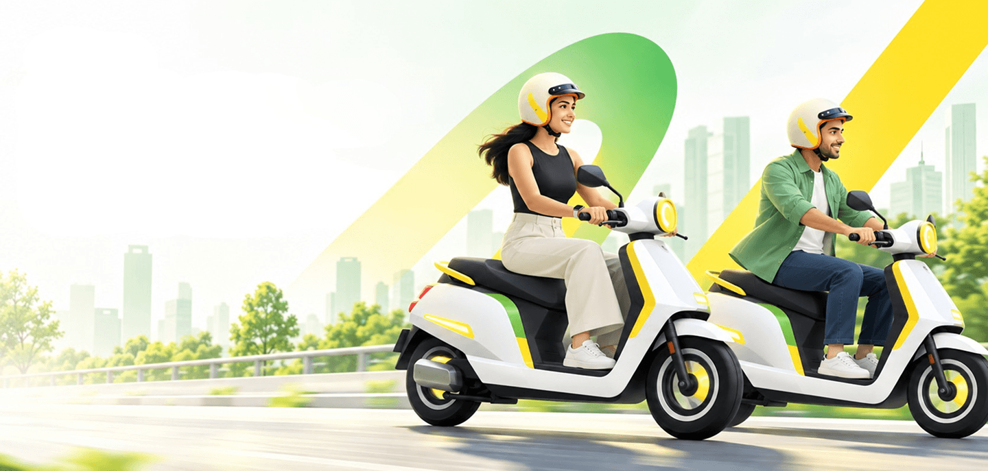 Electric scooter riders driving toward a cleaner mobility future