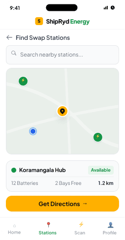 ShipRyd Energy app map showing nearby battery swap stations